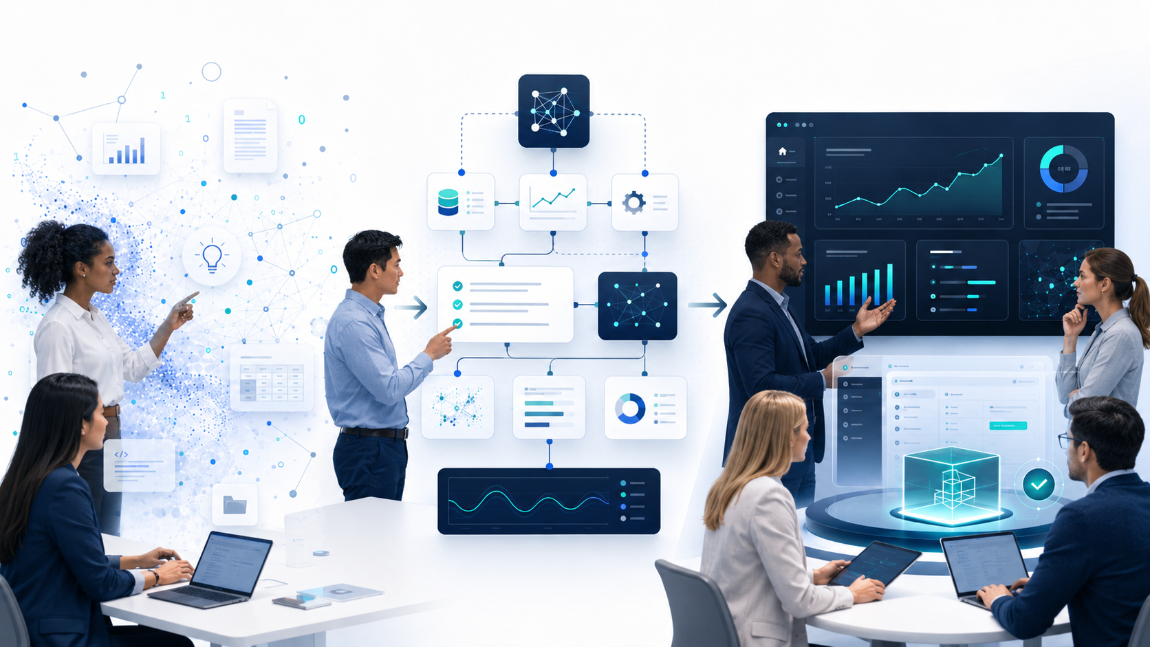 A collaborative team working on data workflows and digital prototypes